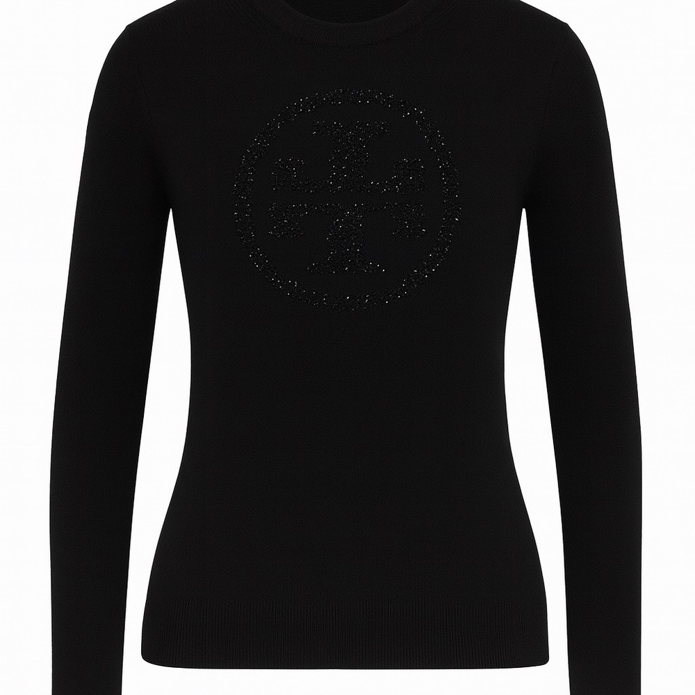 Tory Burch Black Rhinestone Logo Long Sleeve Pullover Wool Blend